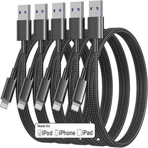 5xPack 10FT Lightning to USB Cable Fast iPhone Charging Cord Nylon Braided black